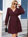 SHEIN Privé Plus Surplice Neck Knot Side Flounce Sleeve Dress