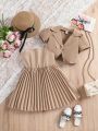 SHEIN Kids FANZEY Little Girl'S Lapel Double-Breasted Blazer Pressed Pleat Patchwork Cami Dress