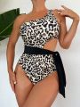 SHEIN Swim Chicsea One Shoulder Leopard Print Swimsuit With Knotted, Hollow Out And Cutout Detail