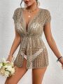 SHEIN Swim Vcay 1pc Drawstring Waist Perspective Crochet Kimono