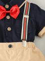 Baby Boy'S Bow Short-Sleeved Color-Blocked Shirt And Suspender Shorts Gentleman'S Suit