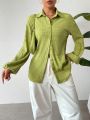 SHEIN Essnce Mustard Green Casual Versatile Fashionable Lantern Sleeve Women's Shirt