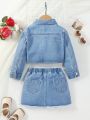 Girls' Vintage Personalized Rose Embroidery Denim Loose Fit Two Piece Set