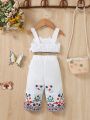 2pcs Baby Girls' Lovely Floral Printed Tank Top And Shorts Set, Spring/Summer