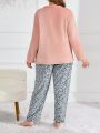 Plus Size Leopard Print Heart Pattern Coral Fleece Pajama Set