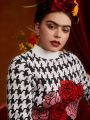 Frida Kahlo X SHEIN Plus Houndstooth & Figure Pattern Sweater