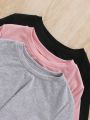 SHEIN Tween Girls' Knitted Solid Color Round Neck Twist Detail Casual T-Shirt, Pack Of 3