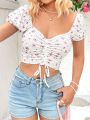SHEIN WYWH Women's Floral Print Sweetheart Neck T-shirt With Drawstring