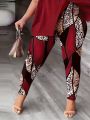 Plus Size Letter Print Asymmetric Collar Top And Animal Print Stitching Hollow Leggings Two-Piece Set