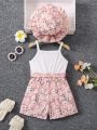 SHEIN Kids CHARMNG Little Girls' Floral Printed Belted Romper With Suspender & Hat Set