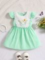 Baby Girls' Romantic 3d Floral Embroidery And Lace Accented Flying Sleeve Woven Dress