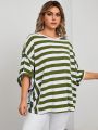SHEIN LUNE Women's Plus Size Round Neck Striped Loose Casual T-shirt