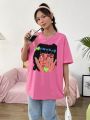 Color Burst Heart Pattern Oversized Round Neck Women'S Long T-Shirt