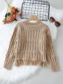 SHEIN Kids EVRYDAY Girls' (big) Solid Color Round Neck Sweater With Fringe Detail