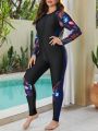 SHEIN Swim Mulvari Plus Size Women's Tropical Printed Off-shoulder Long Sleeve One-piece Swimsuit
