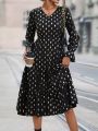 Gold Dot Print Flounce Sleeve Ruffle Hem Dress