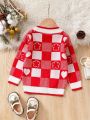 Little Girls' Color Block Floral Heart Pattern Button Down Cardigan Sweater