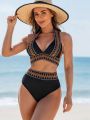 SHEIN Swim BohoFeel Women's Embroidery & Woven Band Bikini Swimsuit With Halter Neck Strap Set