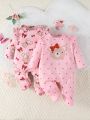 2pcs Baby Girls' Cartoon Bear Printed Long Sleeve Romper With Ruffle Trimmed Sleepwear