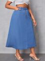 Plus Size Elastic Waist Button Decoration Denim Skirt