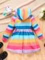 SHEIN Kids EVRYDAY Toddler Girls' Rainbow Unicorn Hooded Long Sleeve Dress For Spring And Autumn