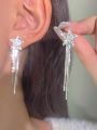 1pair Fashionable Long Delicate Rhinestone Tassel Pendant Decorated Earrings, For Women's Party And Dance Accessories