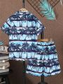 SHEIN Kids Nujoom Boys' Coconut Tree Printed Shirt And Shorts Set For Big Kids