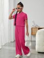 SHEIN Kids Cooltwn Tween Girl Solid Ribbed Knit Tee & Wide Leg Pants