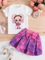 SHEIN Kids HYPEME Girl's Character Pattern Short-sleeved T-shirt And Bow Skirt Two-piece Summer Set