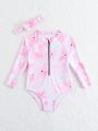 Baby Girl Floral Print Zipper Front Half-Sleeve Rashguard Swimsuit