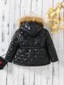 SHEIN Kids EVRYDAY Young Girl Fuzzy Trim Hooded Quilted Coat