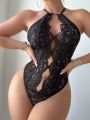 Floral Lace Cut Out Halter Teddy Bodysuit