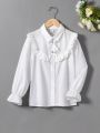 Solid Color Ruffle Trim Blouse For Tween Girls