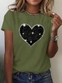 SHEIN LUNE Women's Short Sleeve T-shirt With Glitter Heart Shape Design