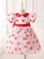 Little Girls' Love Heart Printed Mesh Splice Collar Bubble Sleeve Formal Dress