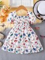 Little Girls' Sweet & Lovely Butterfly Printed Puff Sleeve Dress