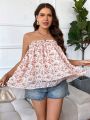 Plus Size Women'S Floral Printed Strapless Top With Ruffled Hemline