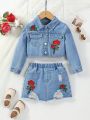 Girls' Vintage Personalized Rose Embroidery Denim Loose Fit Two Piece Set