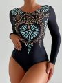 SHEIN Swim BohoFeel Women's Fashionable Floral Print Long Sleeves Round Neck Cross Front One-Piece Swimsuit - Print Random