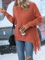 Turtleneck Fringe Trim Drop Shoulder Sweater