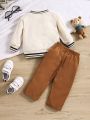 Baby Boys' Vintage British College Bear & Letter Print Sweatshirt And Loose Brown Pants