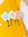 Young Girl Floral Patch Striped Trim Colorblock Varsity Jacket