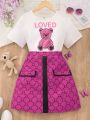 Teen Girls' Cartoon Bear & Letter Print Top And Skirt Set