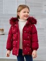 SHEIN Toddler Girls' Loose Casual Mid-length Coat With Detachable Fur Collar & Pearl Decoration, Hooded