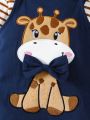 SHEIN Baby Boys' Casual And Cute Striped Bodysuit With Colorful Trimmed Neckline And Giraffe Embroidery Overalls Outfits