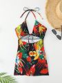 SHEIN Swim Vcay Women's Tropical Print Hollow Out Halterneck One-Piece Swimsuit