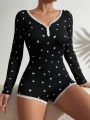 Heart Print Lace Trim Button Front Sleep Romper