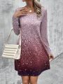 Round Neck Long Sleeve Ombre Dress