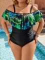 SHEIN Swim Classy Plus Size Tropical Printed Splicing Off Shoulder One Piece Swimsuit