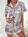 Floral Print Contrast Binding Satin Blouse & Shorts PJ Set